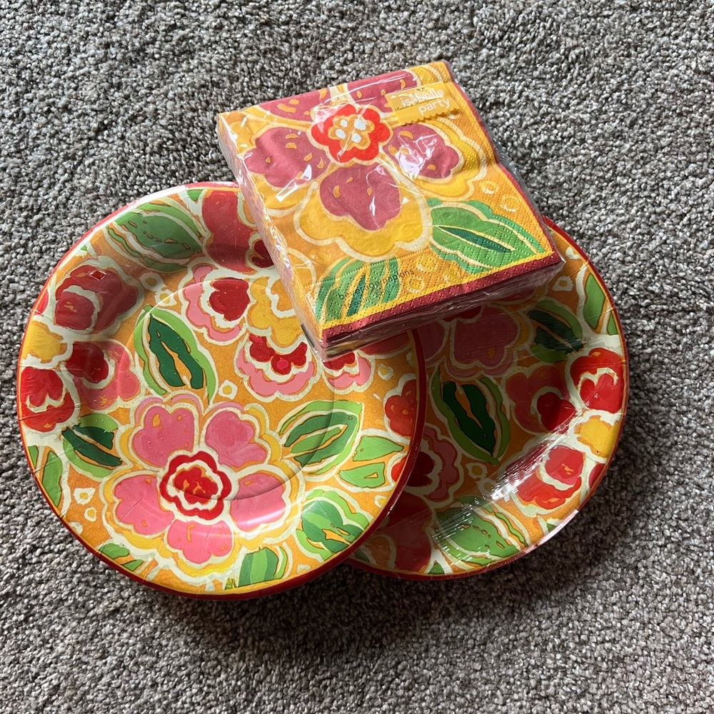 Floral Paper Plate and Napkin Set - Vibrant Red, Pink, and Yellow. Brand New